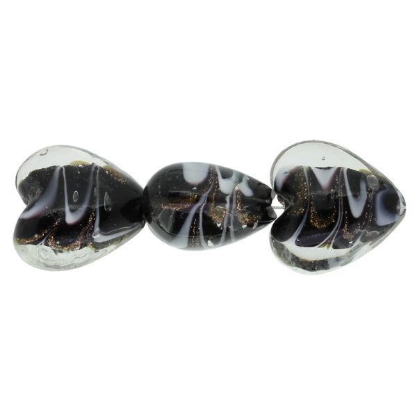GLASS BEADS - MURANO STYLE - HEART 01 WITH BLACK FILLING AND STRIPES 02 - 20х10mm WHITE-BLACK AND GOLD - 15pcs. Hole:1.5mm