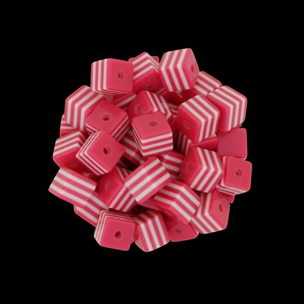 RESIN PLASTIC BEADS - CUBE RESIN STRIPE BEADS - 8х8mm CORAL PINK (DARK) WITH WHITE - 50 pcs. Hole-2.0mm