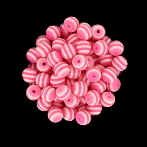 RESIN PLASTIC BEADS - BALL RESIN STRIPE BEADS - 8mm PINK WITH WHITE - 1000pcs. Hole-1.5mm