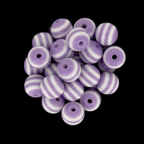 RESIN PLASTIC BEADS - BALL RESIN STRIPE BEADS - 12mm PURPLE (LIGHT) 02 WITH WHITE - 500pcs. Hole-2.0mm