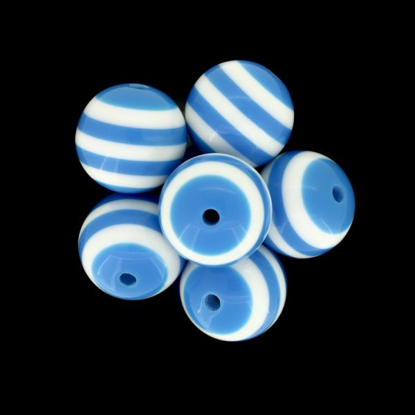 RESIN PLASTIC BEADS - BALL RESIN STRIPE BEADS - 20mm BLUE WITH WHITE - 100pcs. Hole-3.0mm