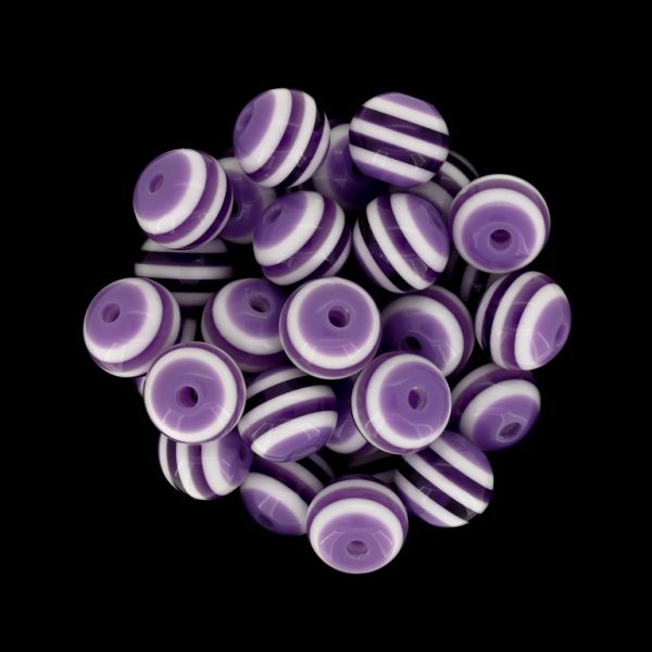RESIN PLASTIC BEADS - BALL RESIN STRIPE BEADS TRANSPARENT - 12mm TRANSPARENT PURPLE AND WHITE - 25 pcs. Hole-2.0mm
