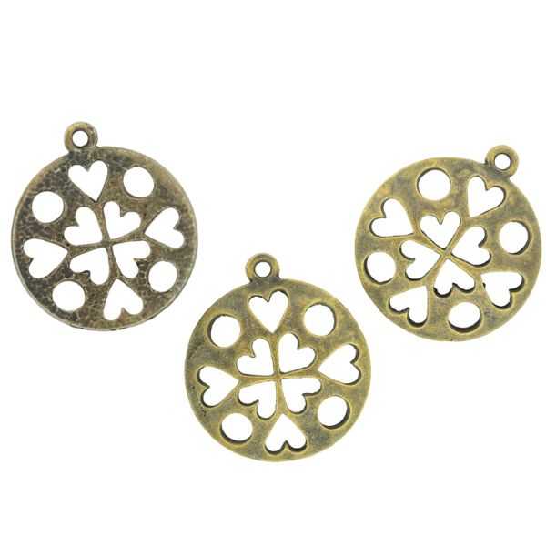 METAL BEADS - PENDANT - CIRCLE WITH CLOVER - 25x4mm ANTIQUE BRONZE - 8pcs. Hole-2.0mm