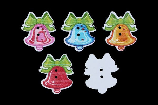 WOODEN FIGURES - CHRISTMAS - BUTTON TYPE - BELL 01 - 26x30x2mm WHITE AND MIX - 10 pcs. Hole-2x2.0mm