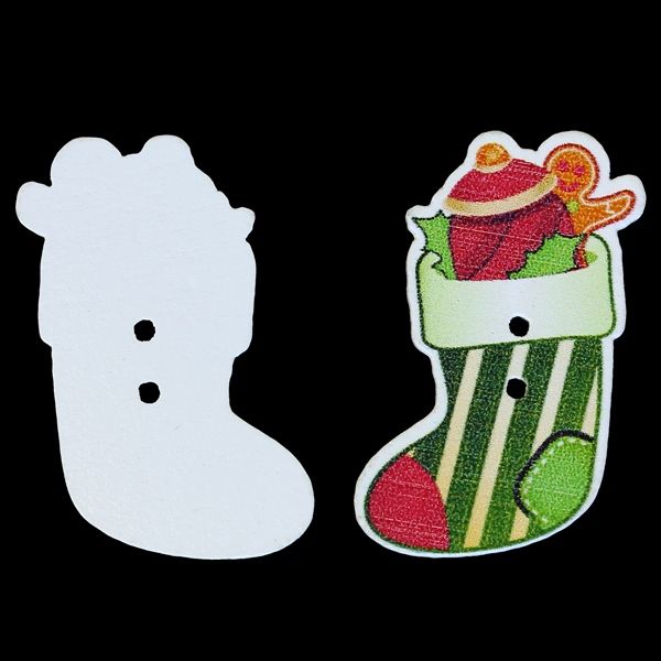 WOODEN FIGURES - CHRISTMAS - BUTTON TYPE - SOCK 02 - 20x37x2mm WHITE AND GREEN - 10 pcs. Hole-2x1.8mm