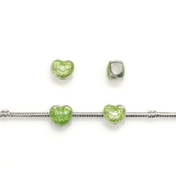 PANDORA TYPE - METAL WITH ENAMEL - HEART WITH INSCRIPTION 01 - 11x11x10mm SILVER AND GREEN (LIGHT) - 30pcs. Hole-4.5mm