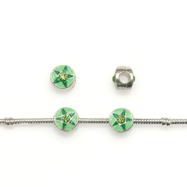 PANDORA TYPE - METAL WITH ENAMEL AND CRYSTALS - CIRCLE STAR 01 - 11x10mm SILVER AND GREEN - 5pcs. Hole-4.5mm