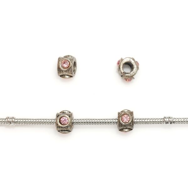 PANDORA TYPE - METAL WITH CRYSTALS - CYLINDER 17 - 7x11mm NICKEL AND PINK - 60pcs. Hole-4.5mm