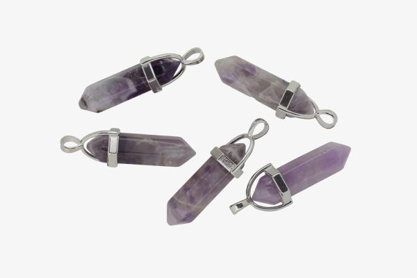 NATURAL STONE PENDANT - HEXAGON 02 - 43x13mm - AMETHYST - SILVER HARDWARE - 1pc. Hole-3.5mm