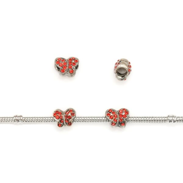 PANDORA TYPE - METAL WITH CRYSTALS - BUTTERFLY 01 - 11x9x8mm NICKEL AND RED - 10pcs. Hole-4.5mm