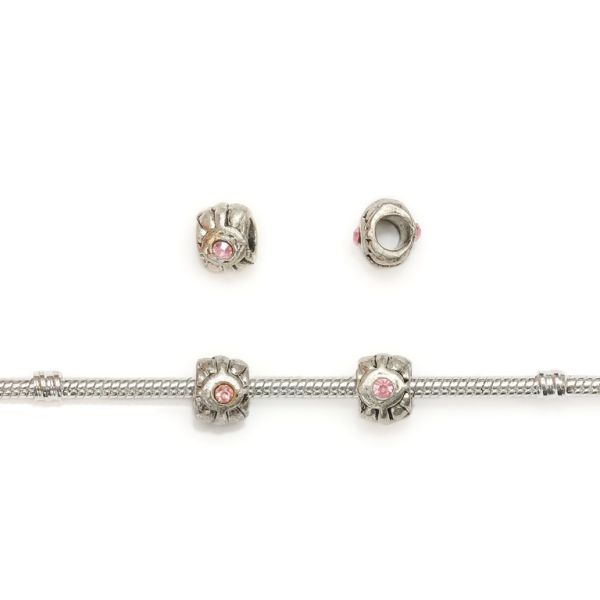 PANDORA TYPE - METAL WITH CRYSTALS - TILE RELIEF 02 - 8x10x10mm NICKEL AND PINK - 10pcs. Hole-4.5mm
