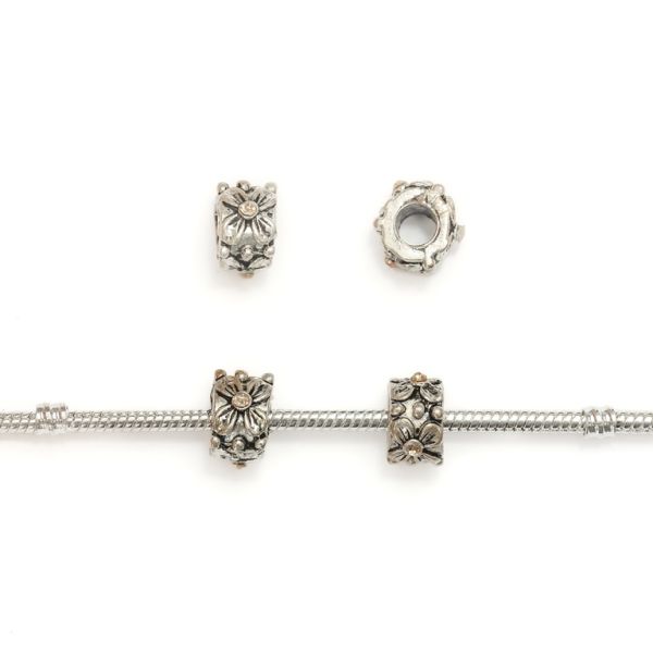 PANDORA TYPE - METAL WITH CRYSTALS - CYLINDER FLOWERS 01 - 8x12mm NICKEL AND AMBER - 8pcs. Hole-5.0mm