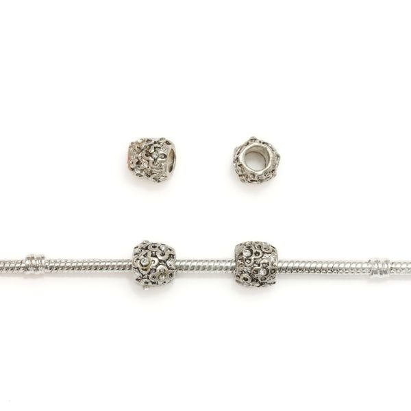 PANDORA TYPE - METAL WITH CRYSTALS - CYLINDER FLOWERS 03 - 9x9mm NICKEL AND WHITE - 60pcs. Hole-4.5mm