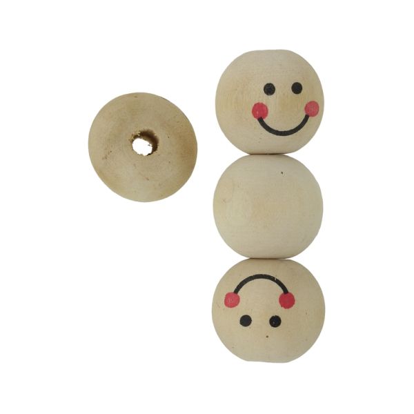 WOODEN BEADS - BALL WITH SMILEY FACE 01 - 18mm NATURAL - PACKAGE 100pcs. Hole-4.8mm