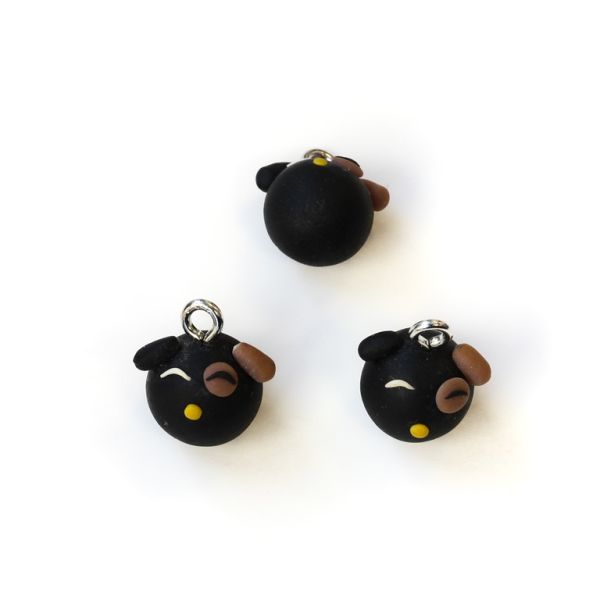 POLYMER CLAY FIMO BEADS - PENDANT - BALL SHAPED DOG - 15х17х13mm BLACK AND BROWN - 40 pcs. Hole-2.6mm