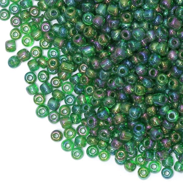GLASS SEED BEADS - BALL 4mm - TRANSPARENT RAINBOW - GREEN 167В - 50g Hole-1.5mm