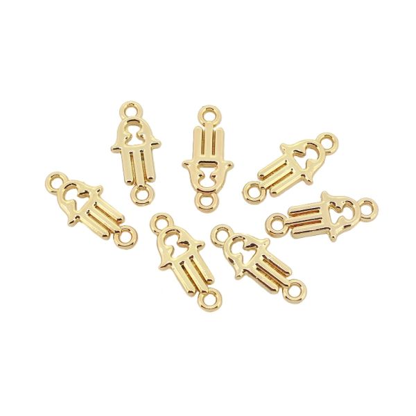 METAL - CHARMS CONNECTOR 2 HOLES UV COATING - THE HAND OF FATIMA - 9x19x2mm GOLD COLOR - PACKAGE 50pcs. Hole-1.8mm