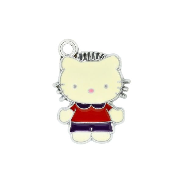 METAL BEADS - ENAMEL PENDANT - KITTY 09 WITH HAIRSTYLE - 20х27х1.5 MM RED-PURPLE - 50pcs. Hole:3.0mm