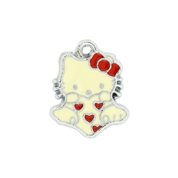 METAL BEADS - ENAMEL PENDANT - KITTY 11 HEARTS - 17х20х1.5 MM IVORY-RED - 50pcs. Hole:2.0mm