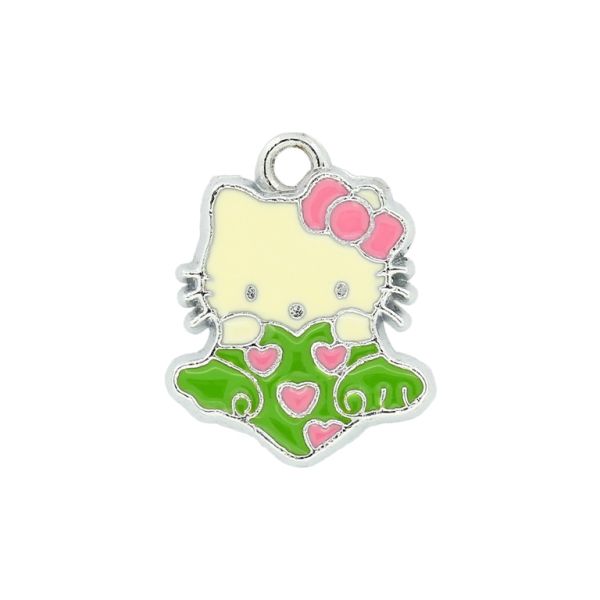 METAL BEADS - ENAMEL PENDANT - KITTY 11 HEARTS - 17х20х1.5 MM GREEN-PINK - 50pcs. Hole:2.0mm