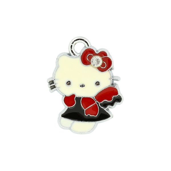 METAL BEADS - ENAMEL PENDANT - KITTY 12 THOUGHTFUL - 18х23х1.5 MM BLACK-RED - 50pcs. Hole:2.5mm
