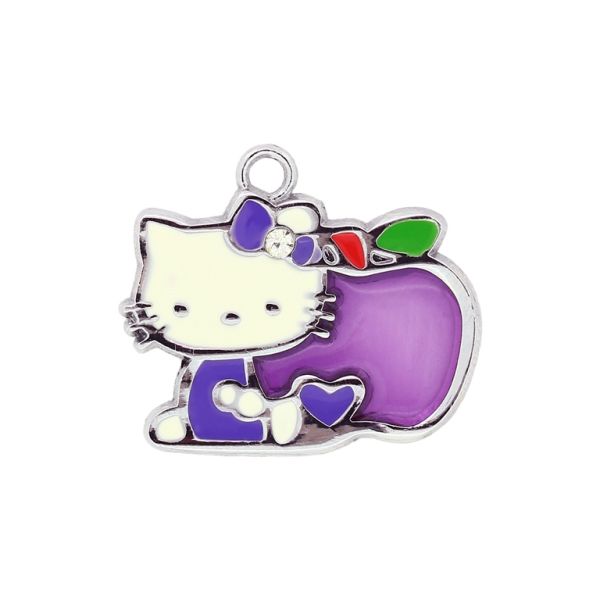 METAL BEADS - ENAMEL PENDANT - KITTY 23 APPLE - 26х22х1.5 MM PURPLE - 10pcs. Hole:2.5mm
