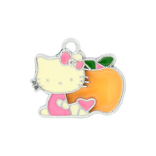 METAL BEADS - ENAMEL PENDANT - KITTY 23 APPLE - 26х22х1.5 MM PINK-ORANGE - 10pcs. Hole:2.5mm