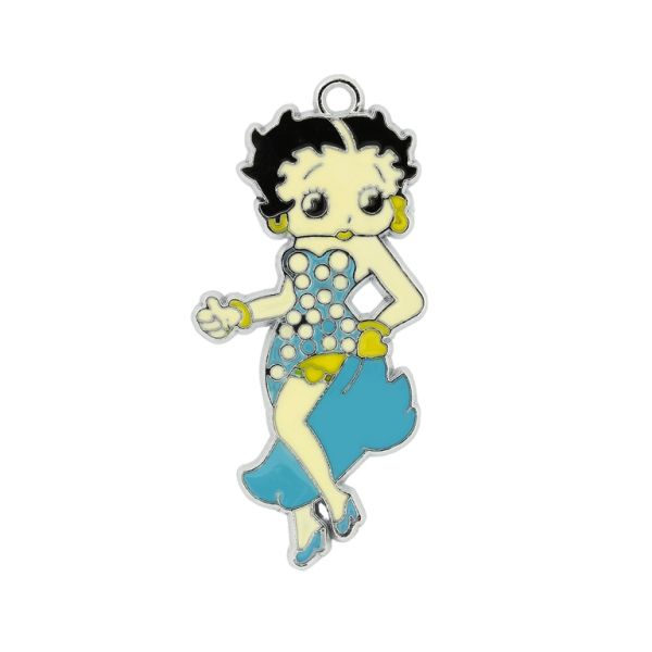 METAL BEADS - ENAMEL PENDANT - GIRL WITH A DRESS 07 - 24х51х1.8 MM BLUE - 10pcs. Hole:2.5mm