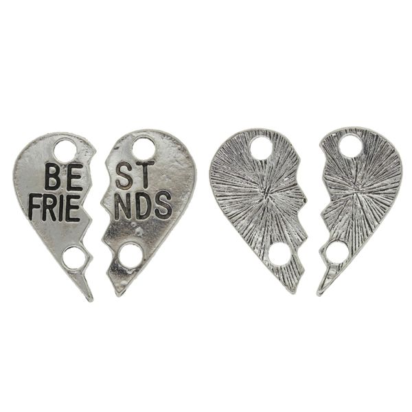 METAL BEADS - CONNECTING ELEMENT - 2 HOLES - HEART OF 2 PARTS 28x14mm - BEST FRIENDS - NICKEL - 2 sets Hole-3.7mm