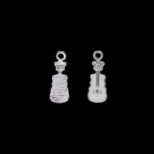 METAL BEADS WITH ENAMEL AND CRYSTALS - UV - PENDANT - GUITAR 02 - 10x26x4mm NICKEL AND WHITE - PACKAGE 30pcs. Hole-2.4mm