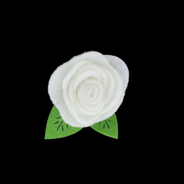 TEXTILE BEADS - FELT - ROSE WITH LEAVES 01 - 40x45mm WHITE - PACKAGE 10pcs.