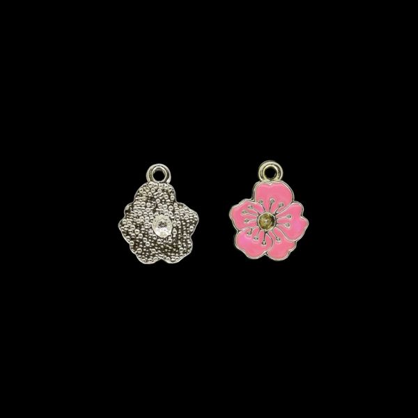 METAL BEADS WITH ENAMEL - UV - PENDANT - FLOWER WITH STAMENS - 15x19x2mm GOLD AND PINK (DARK) - PACKAGE 40pcs. Hole-2.0mm