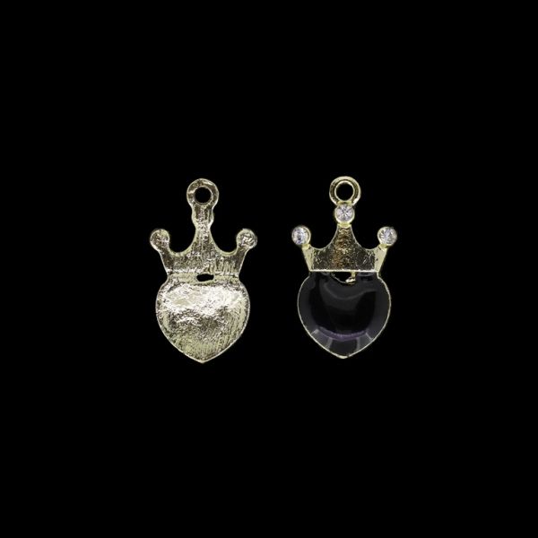 METAL BEADS WITH ENAMEL AND CRYSTALS - UV - PENDANT - HEART WITH CROWN 02 - 15x25x3mm GOLD AND BLACK - 4pcs. Hole-2.2mm
