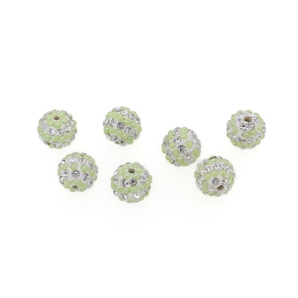 SHAMBALA TYPE - POLYMER WITH PEARLS AND CRYSTALS - BALL - 10mm WHITE AND GREEN (LIGHT) - PACKAGE 50pcs. Hole-2.0mm