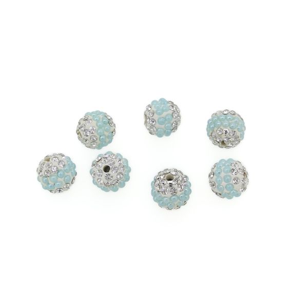 SHAMBALA TYPE - POLYMER WITH PEARLS AND CRYSTALS - BALL - 10mm WHITE AND TURQUOISE BLUE (LIGHT) - PACKAGE 50pcs. Hole-2.0mm
