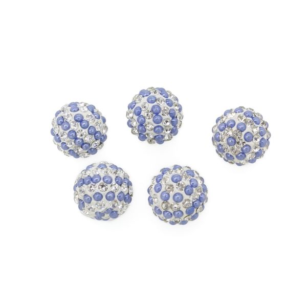 SHAMBALA TYPE FOR PIN - POLYMER WITH PEARLS AND CRYSTALS - BALL - 14mm WHITE AND BLUE - PACKAGE 25pcs. Hole-1.0mm