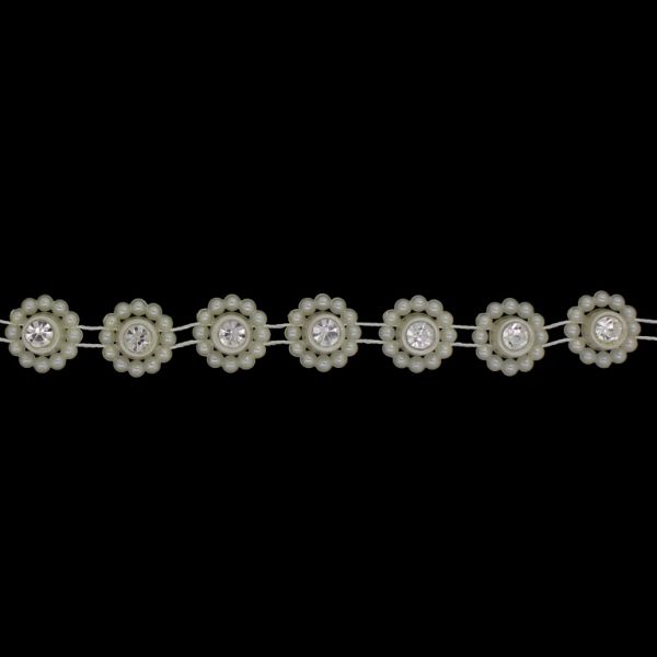 PLASTIC BEADED TRIM GARLAND - FLOWER 11 WITH CRYSTAL - 14x6mm ECRU (LIGHT) - ROLL 10yards(9m)