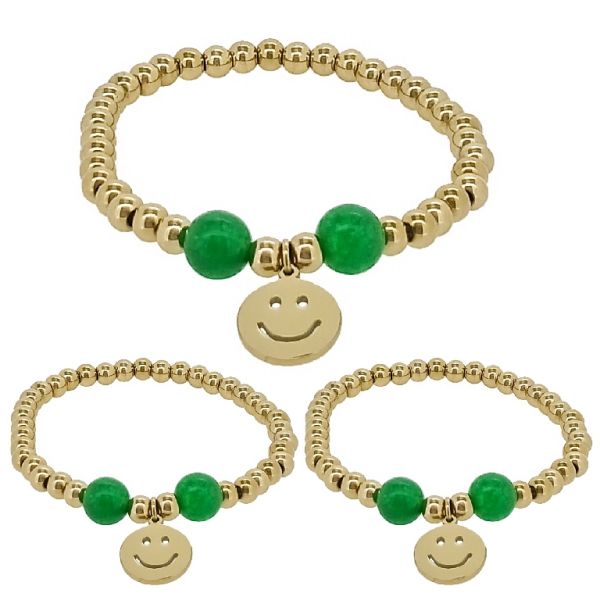 JEWELRY - ELASTIC BRACELET WITH PENDANT - STAINLESS STEEL - BALL 5mm - NATURAL STONE 03 - EMOJI 01 - GOLD AND GREEN - PACKAGE 3pcs.