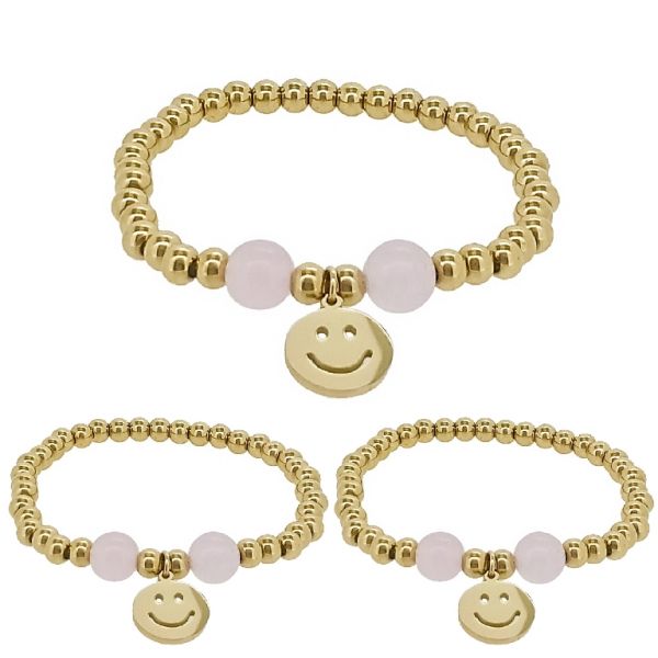 JEWELRY - ELASTIC BRACELET WITH PENDANT - STAINLESS STEEL - BALL 5mm - NATURAL STONE 03 - EMOJI 01 - GOLD AND PINK - PACKAGE 3pcs.