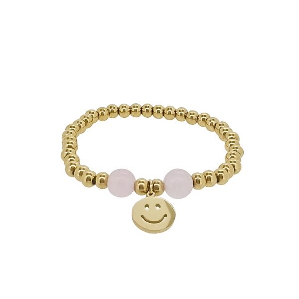 JEWELRY - ELASTIC BRACELET WITH PENDANT - STAINLESS STEEL - BALL 5mm - NATURAL STONE 03 - EMOJI 01 - GOLD AND PINK - 1pc.