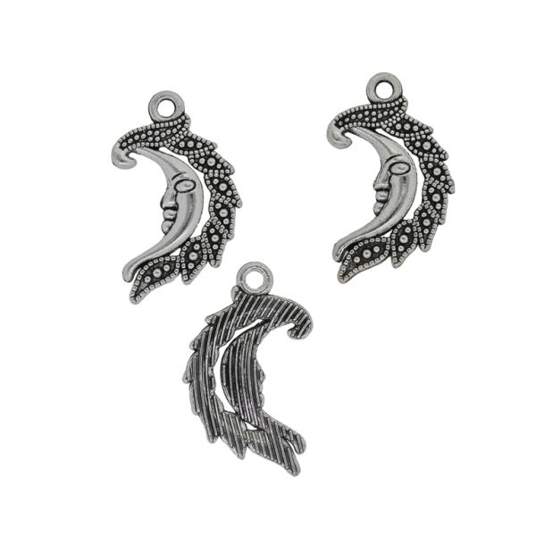 METAL BEADS - PENDANT - MOON WITH RELIEF FILIGREE 01 - 17x28x3mm NICKEL - PACKAGE 30pcs. Hole-2.2mm