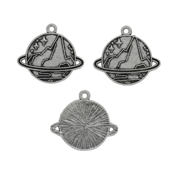 METAL BEADS - PENDANT - PLANET SATURN WITH RELIEF 01 - 28x25x2mm NICKEL - PACKAGE 30pcs. Hole-2.2mm