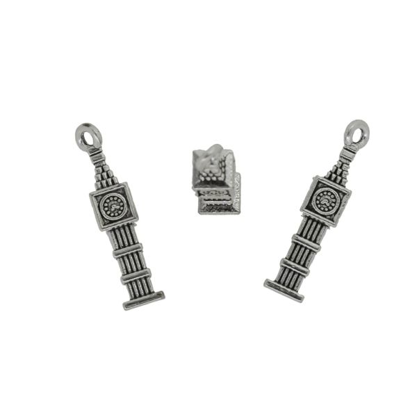 METAL BEADS - PENDANT - BIG BEN CLOCK TOWER - 8x27x8mm NICKEL - 4pcs. Hole-2.0mm