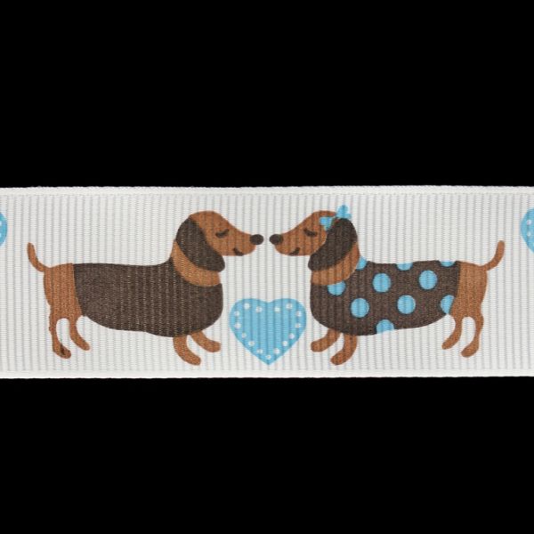 GROSGRAIN RIBBON - PRINT - DOGS DACHSHUNDS - 25mm WHITE AND BROWN-BLUE - 50yards(45m)