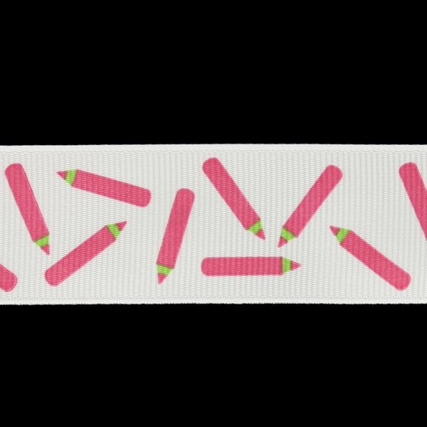 GROSGRAIN RIBBON - PRINT - PENCILS 01 - 25mm WHITE AND CYCLAMEN - 50yards(45m)