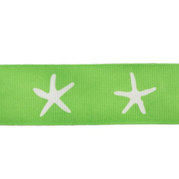 GROSGRAIN RIBBON - PRINT - STARFISH 01 - 25mm GREEN AND WHITE - 50yards(45m)