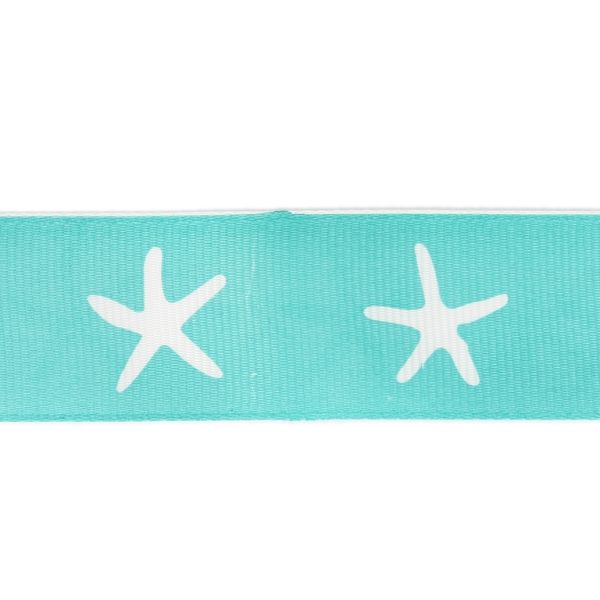 GROSGRAIN RIBBON - PRINT - STARFISH 01 - 25mm TURQUOISE (LIGHT) AND WHITE - 50yards(45m)