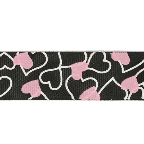 GROSGRAIN RIBBON - PRINT - HEARTS 03 - 25mm BLACK AND БЯЛО-РОЗОВО - 50yards(45m)