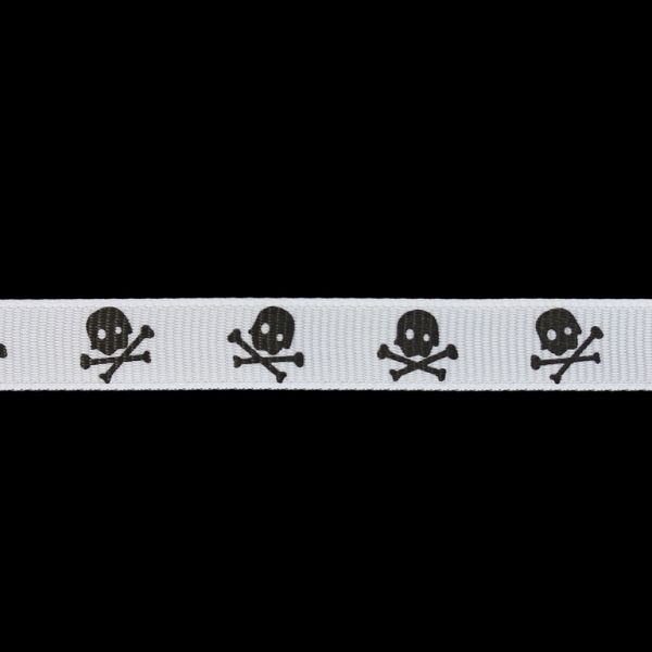 GROSGRAIN RIBBON - PRINT - SKULL WITH BONES 01 - 10mm WHITE AND BLACK - 100yards(91m)