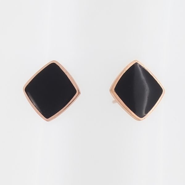 БИЖУТЕРИЯ - ОБЕЦИ - ВИНТ - СТОМАНА С ЕМАЙЛ - КВАДРАТ 02 - 1.2х1.2см ЗЛАТИСТО РОЗОВО И ЧЕРНО - ПАКЕТ 6 чифта